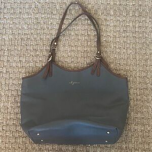 MB Green Women's Leather Tote Bag - taupe with Brown handles brass hardware